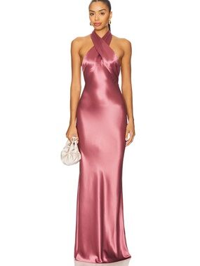 Retrofete Wrenley Satin Halter Evening Gown in Dusty Rose NWT